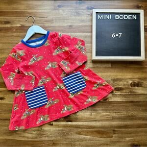 Mini Boden Red Navy Printed Deer Woodland Polka Dot Long Sleeve Tunic Knit Top